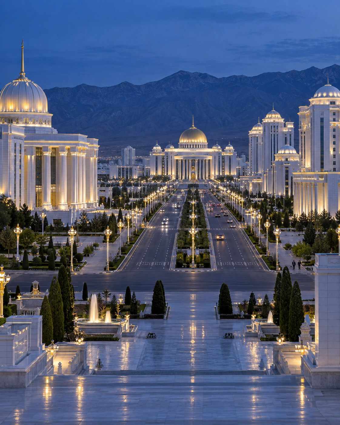 White marble cityscape of Ashgabat at blue hour